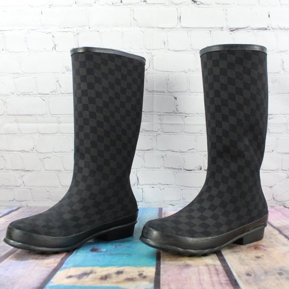 LL Bean Wellie Black Checkerboard Knee High Rain Boots Size 9 M - Picture 2 of 10